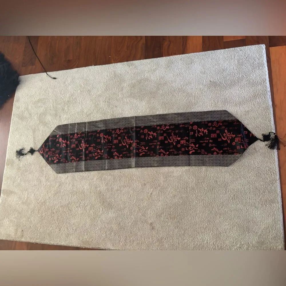 Black Red Chinese Silk Satin Brocade With Two Tassels Table Runner